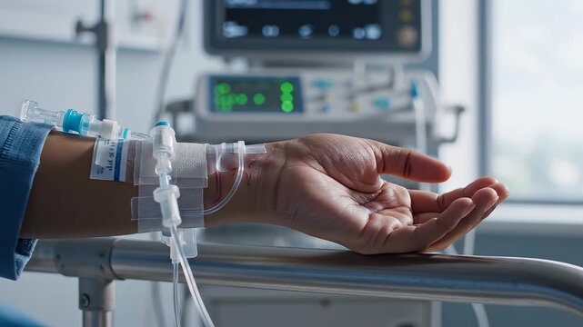 Hand with IV drip in hospital