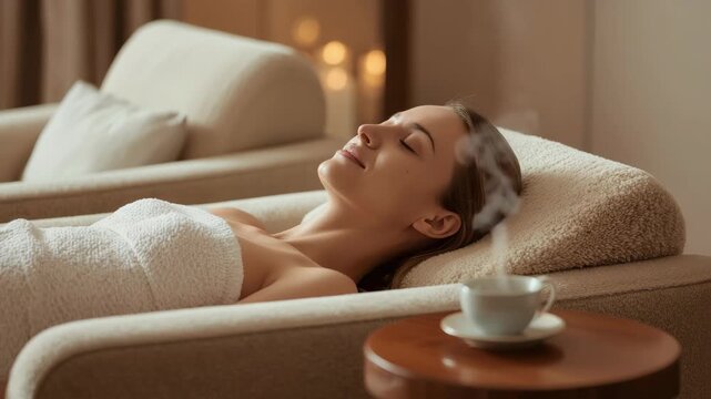 Relaxed woman reclining spa lounger with towel and steam, serene relaxation with warm beverage