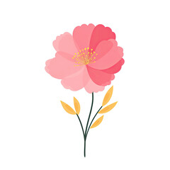 A simple illustration of a pink flower in full bloom, with yellow leaves and dark green stem