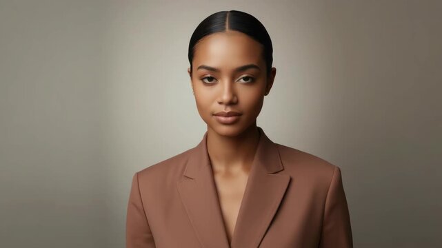 Elegant woman female model portrait studio neutral background. elegant young woman brown blazer