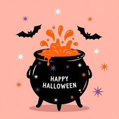 Happy Halloween Black Cauldron Illustration Light Pink Background