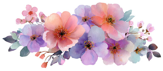 A delicate floral arrangement, blending pastel petals and lush leaves, set against a transparent background