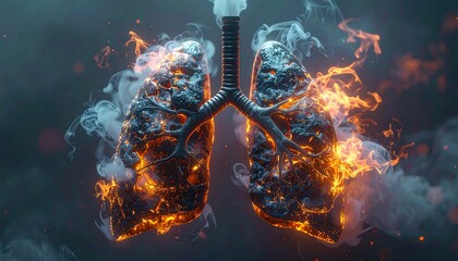 A pair of lungs on fire with smoke and flames