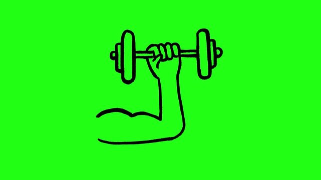 4K Hand drawn muscle training icon frame by frame animation on chroma key green screen background.