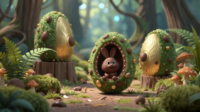 CGI forest scene with a cute brown bunny inside a moss-covered, egg-shaped nest with open mouth. Two similar nests stand on tree stumps in the background.