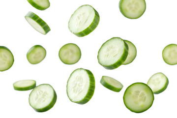 Falling fresh cucumber slices isolated on transparent background