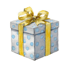 Watercolor gift box, pale gray with blue polka dots, tied with golden ribbon