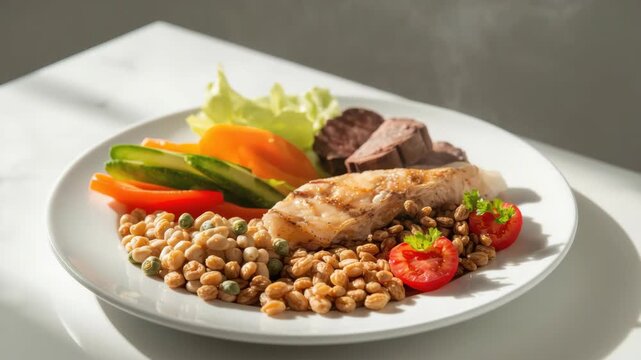 Grilled fish fillet with lentil chickpea steamed vegetable cherry tomato cucumber medley warm