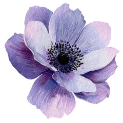 Close-up view of a vibrant, watercolor-style flower with lavender petals and a dark center