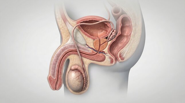 Anatomical illustration of the male reproductive and urinary systems, highlighting the prostate and bladder.