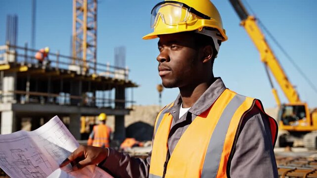 A construction worker in safety gear examines building blueprints on a sunny day at a site