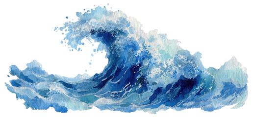 A detailed watercolor painting of a large wave, curling over and crashing against an unseen surface