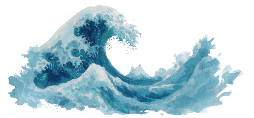 A stylized image of a large, curling wave rendered in shades of blue with a black background