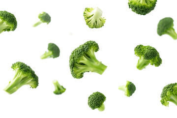 Fresh broccoli florets floating isolated on transparent background