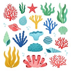 Marine Life And Flora Collection On White Background