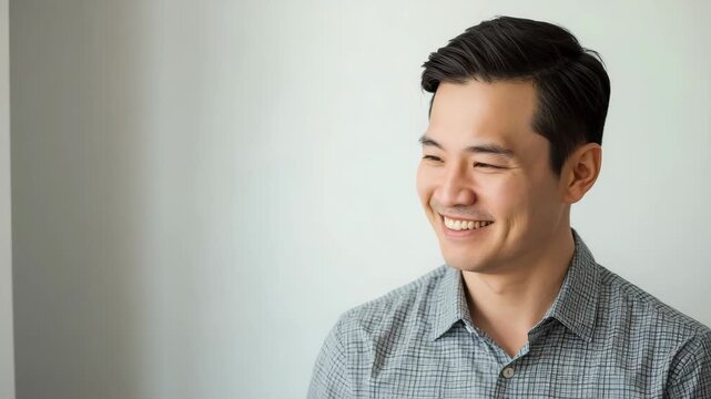 Smiling asian man portrait headshot in checked shirt warm friendly confident sideways look
