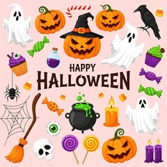 Halloween Themed Objects Illustration Set Light Orange Background