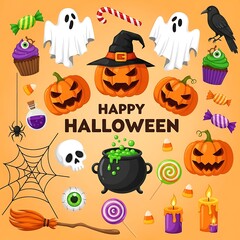 Colorful Cartoon Halloween Objects On Light Orange Background