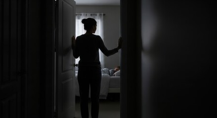 Fototapeta premium A woman stands in the doorway of a dimly lit room, looking inside with a mix of curiosity and caution.