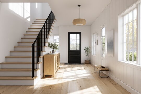 High quality photo of Bright modern home entryway with wooden staircase, black front door, and large windows