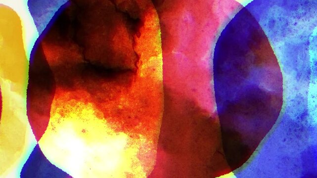 Abstract layered moving watercolor shapes. Red, yellow, blue, seamless background loop.