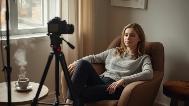 Young woman seated in armchair smiling and recording vlog with camera on tripod and coffee cup