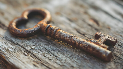 Old Rusty Vintage Skeleton Key on Weathered Wooden Background