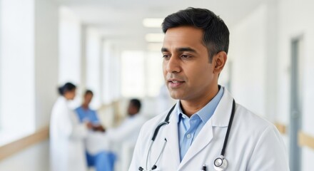 A smiling doctor in a white lab coat stands confidently in a hospital corridor with colleagues in the background.
