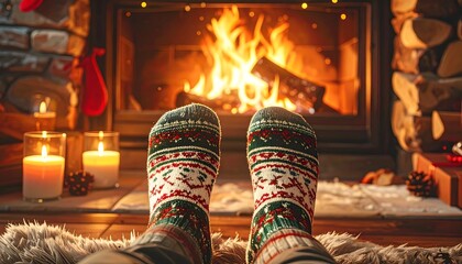 A person's feet wearing Christmas socks by a fireplace