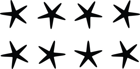 Set of black starfish silhouettes in different orientations isolated on white background for marine life, ocean, and coastal vector illustration designs