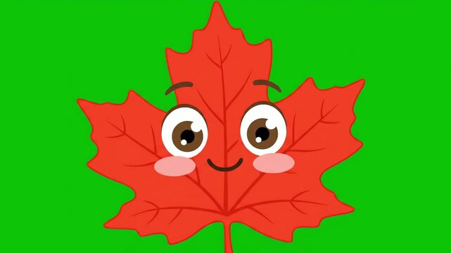 Happy red maple leaf emoji character animated in 2d vector style isolated on a bright green screen.