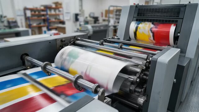 High quality industrial printing press producing colorful printed materials in a modern factory