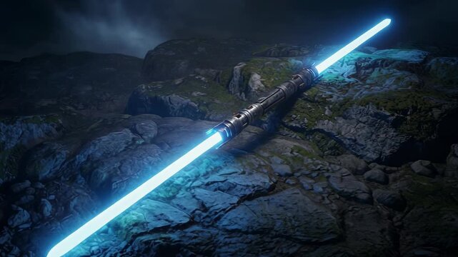 Glowing blue double-bladed lightsaber resting on rocky terrain under dark moody sky
