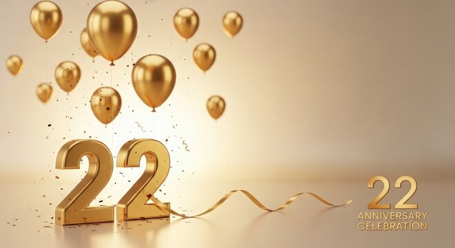 Golden balloons and number 22 with ribbon for anniversary celebration