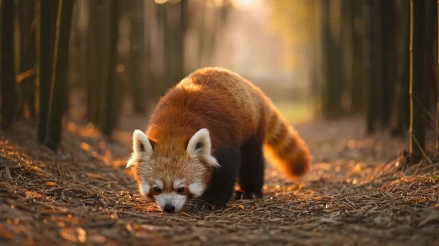 Adorable Red Panda Walks Through Bamboo Forest at Sunrise, Golden Light
