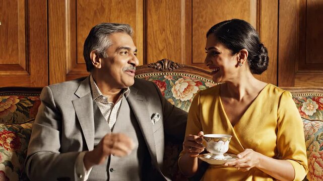 Elegant couple sharing tea on ornate sofa
