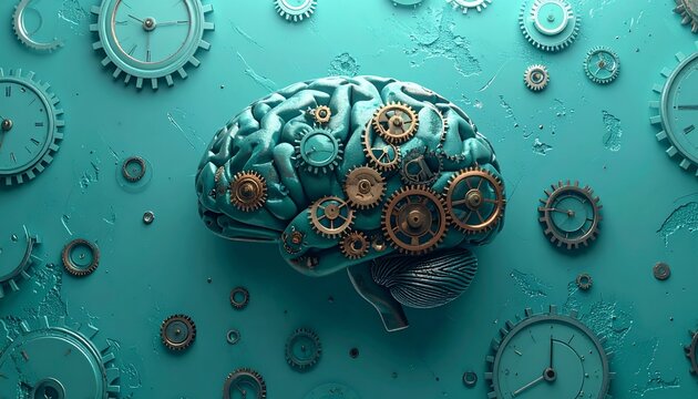 Intricate Brain Mechanism with Gears and Clocks Representing Thought and Time.