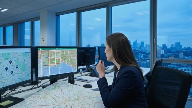 Businesswoman analyzing city maps and navigation data on computer screens in modern office with urban skyline