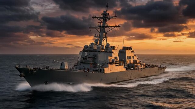 Powerful military navy warship sailing on ocean at dramatic sunset with cloudy sky