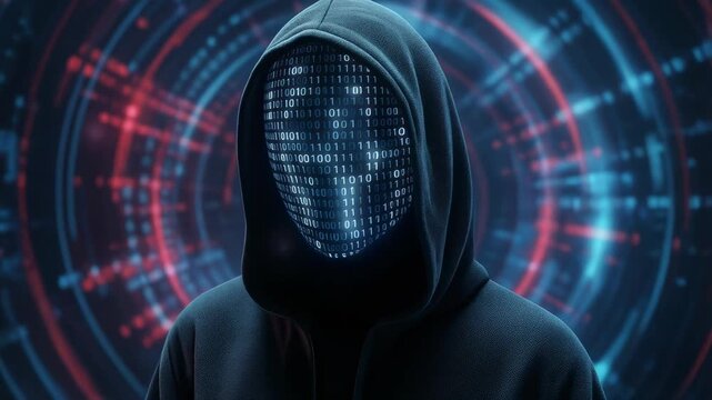 Mysterious hooded figure with binary code face in futuristic digital cyber security concept