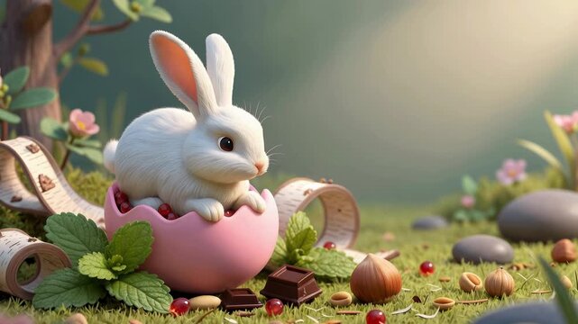 a white rabbit with soft fur, sitting in a pink, cracked eggshell filled with berries, surrounded by green leaves, chocolate pieces, and small stones.