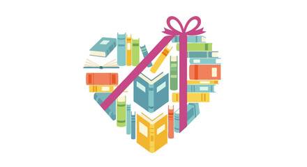 Obraz premium Vector illustration of a heart-shaped book arrangement with a gift ribbon for International Book Giving Day in the USA, featuring colorful book designs.