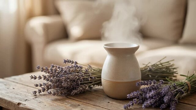 Aromatic lavender bundles and steaming essential oil diffuser on rustic wooden table in cozy living room