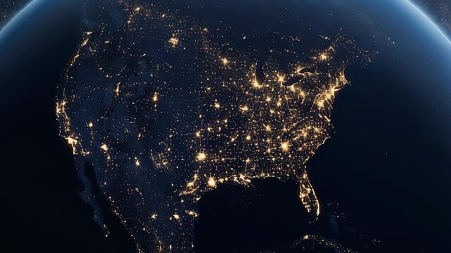 Night view of North America from space showing city lights and glowing urban areas