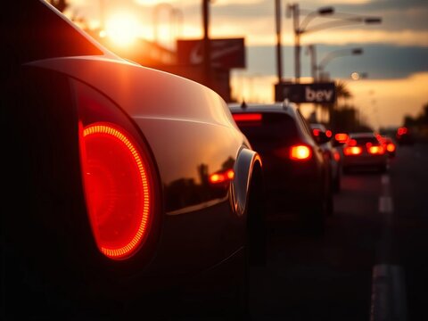 Crimson taillights bleed into asphalt shadow, a silent scream of urban inertia ,  dark,  haze