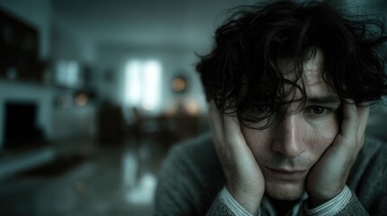 Lonely man sitting alone at night apartment in sadness and reflection with moody urban light and quiet cinematic atmosphere.