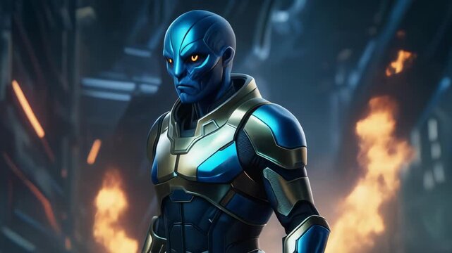 Futuristic blue alien warrior in advanced armor with glowing eyes in sci fi environment