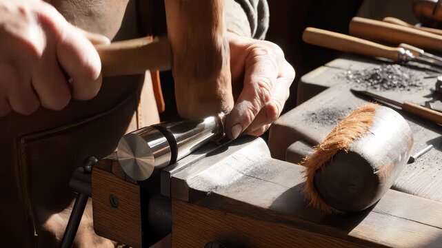 Goldsmith Shapes Ring on Mandrel With Hammer in Professional Workshop