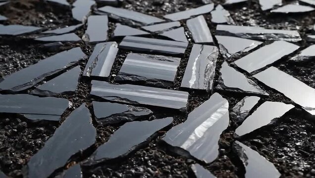 Sharp Obsidian Shards Scattered on a Textured Surface Reflecting Light with Jagged Edges