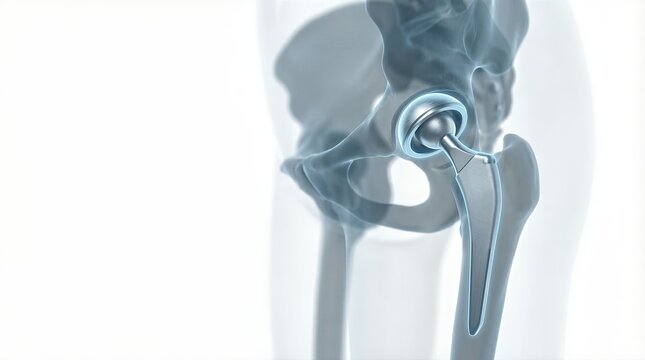 Prosthetic hip joint illustration showcasing detailed components, including ball and socket design, emphasizing advanced medical technology and innovation in orthopedic solutions